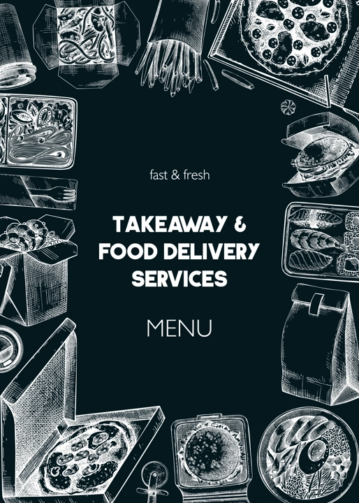 Engraved fast food restaurant flyer. Hand-drawn vector illustration on chalkboard. Burger, pizza box, paper bag, coffee cup sketch. Takeaway food or delivery menu design, poster template